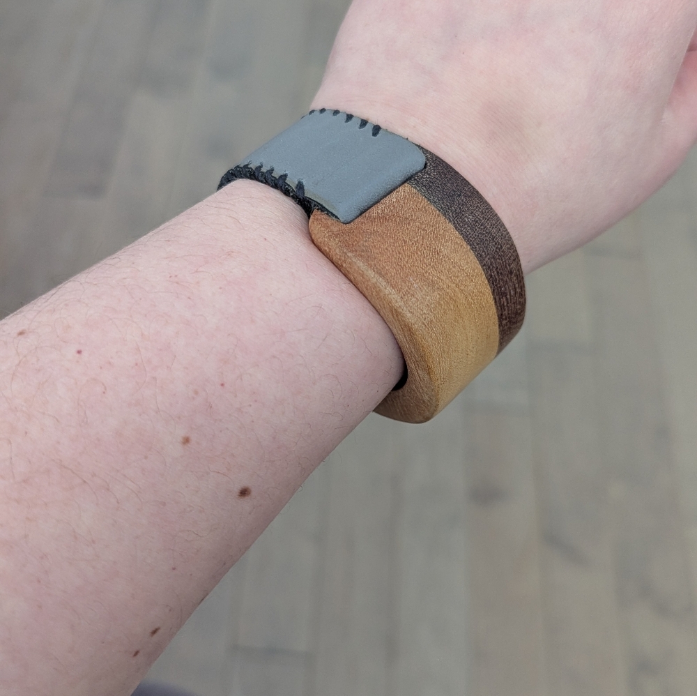 Artisan made wood and leather cuff bracelet